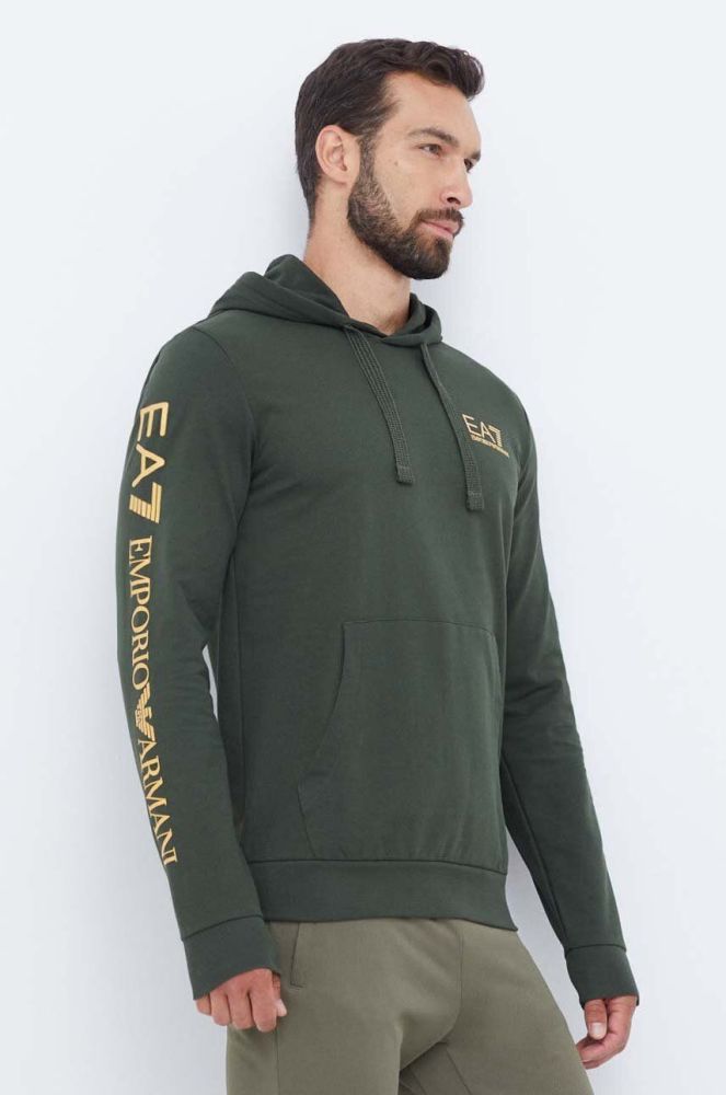 Кофта EA7 Emporio Armani чоловіча колір зелений з капюшоном з принтом