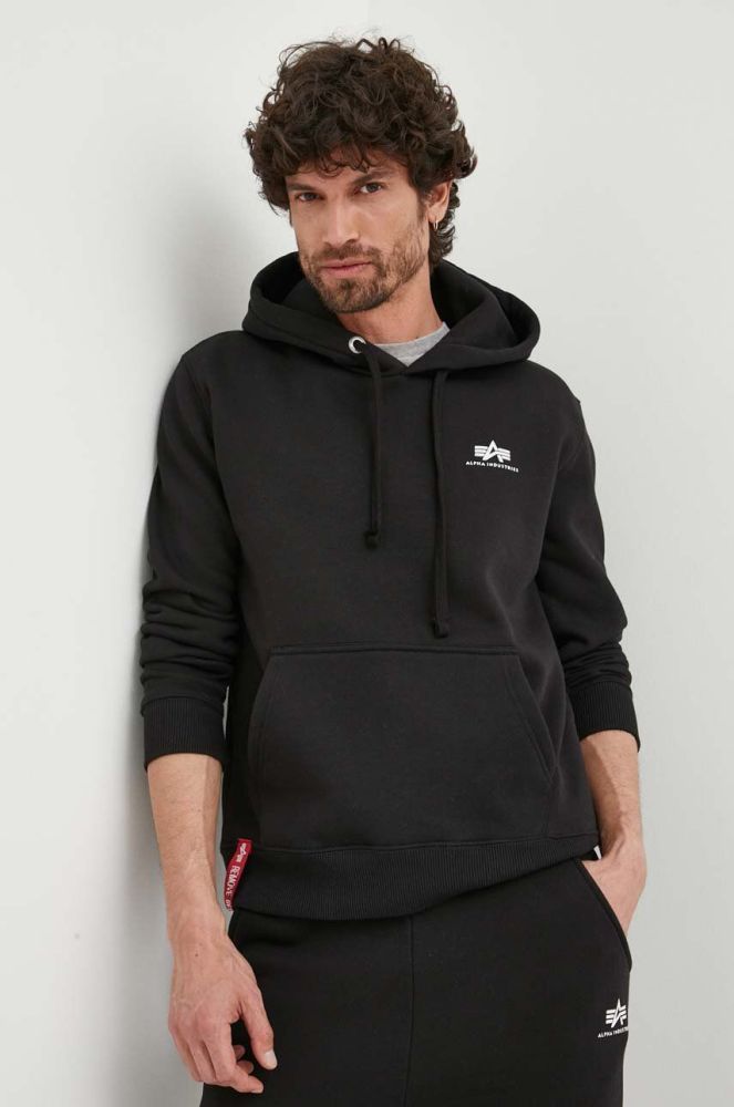 Кофта Alpha Industries Basic чоловіча колір чорний з капюшоном з принтом 196318.03-black