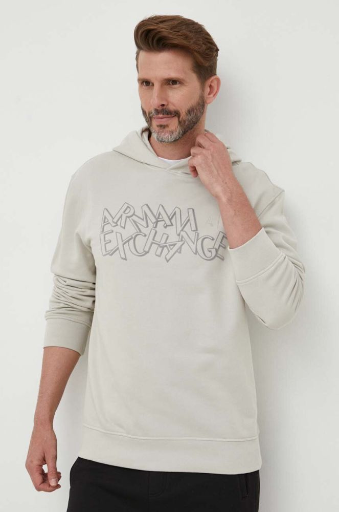 Бавовняна кофта Armani Exchange чоловіча колір бежевий з капюшоном з принтом (3353992)