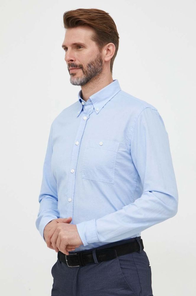 Бавовняна сорочка BOSS чоловіча slim комір button-down колір блакитний