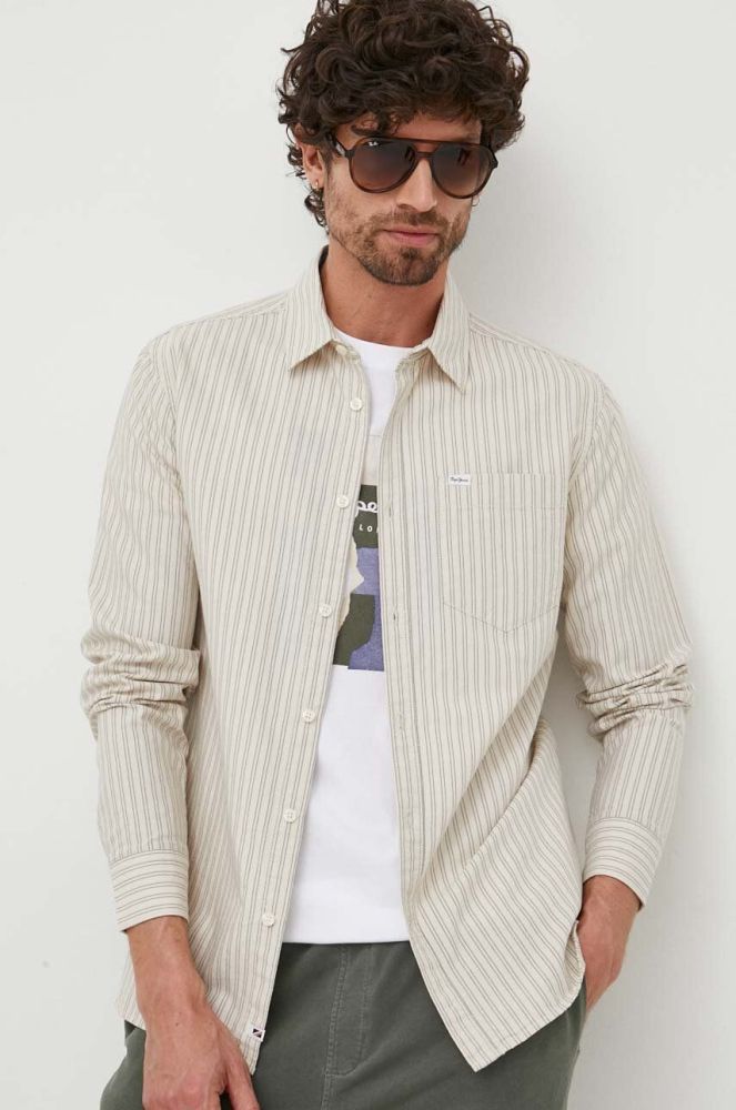 Бавовняна сорочка Pepe Jeans Chester чоловіча колір бежевий slim класичний комір