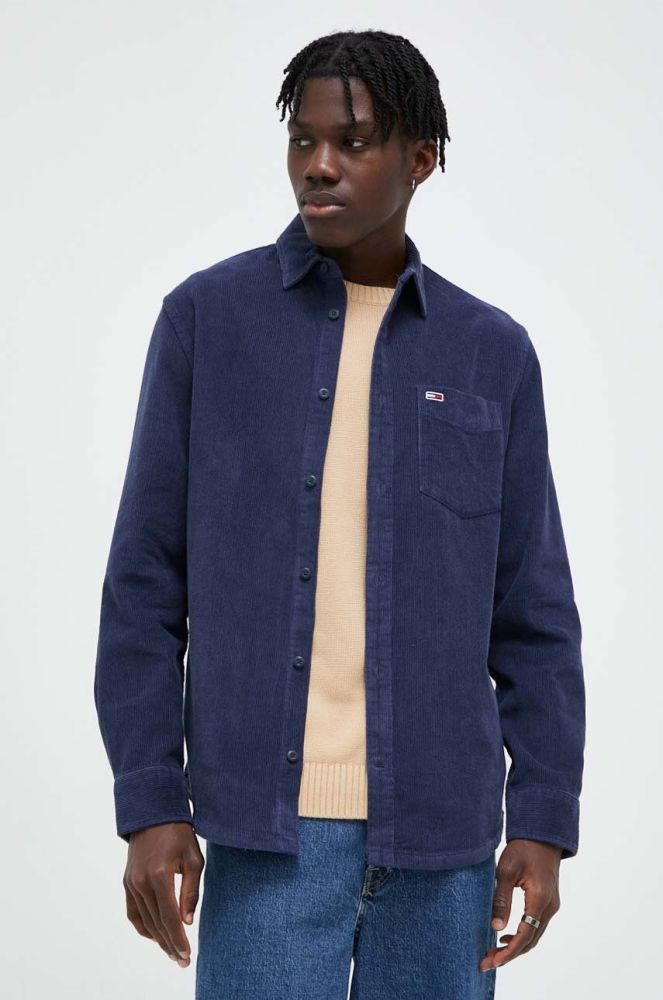 Вельветова сорочка Tommy Jeans колір синій regular класичний комір
