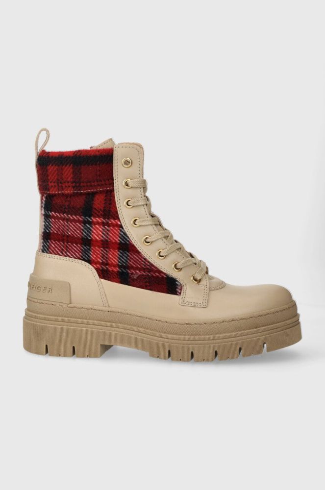 Черевики Tommy Hilfiger FEMININE TARTAN LACE UP BOOTIE жіночі колір бежевий на плоскому ходу FW0FW07670