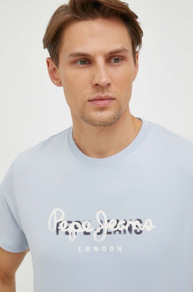 Бавовняна футболка Pepe Jeans Keegan чоловіча з принтом колір блакитний