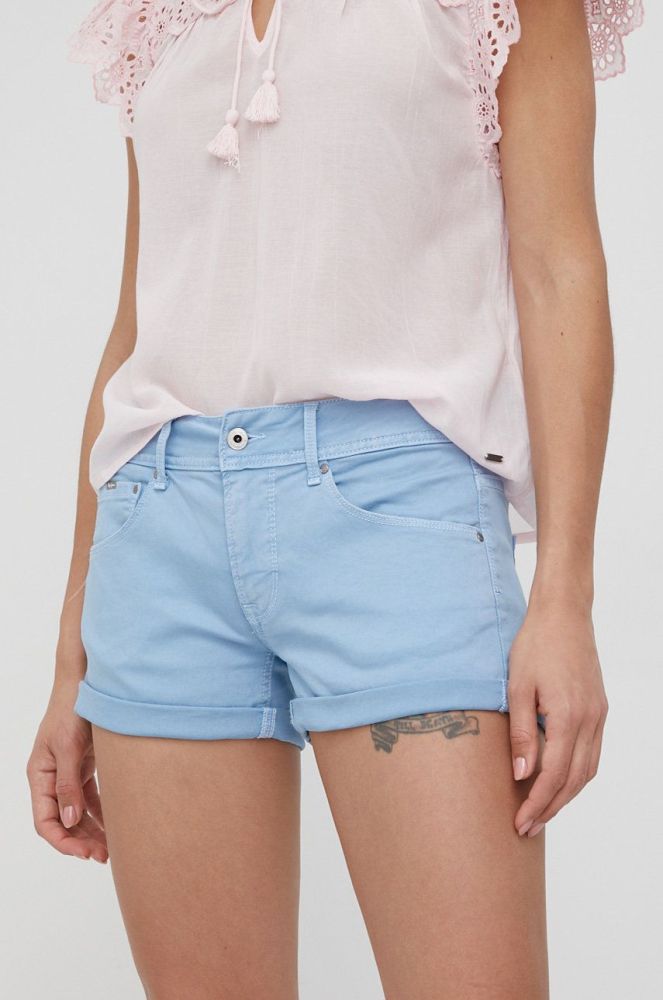 Джинсові шорти Pepe Jeans Siouxie жіночі однотонні висока посадка колір блакитний