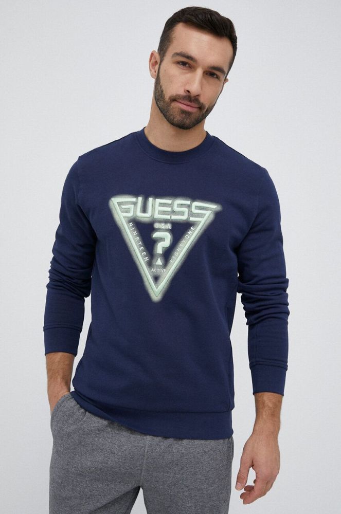 Бавовняна кофта Guess чоловіча колір синій з аплікацією (3131388)