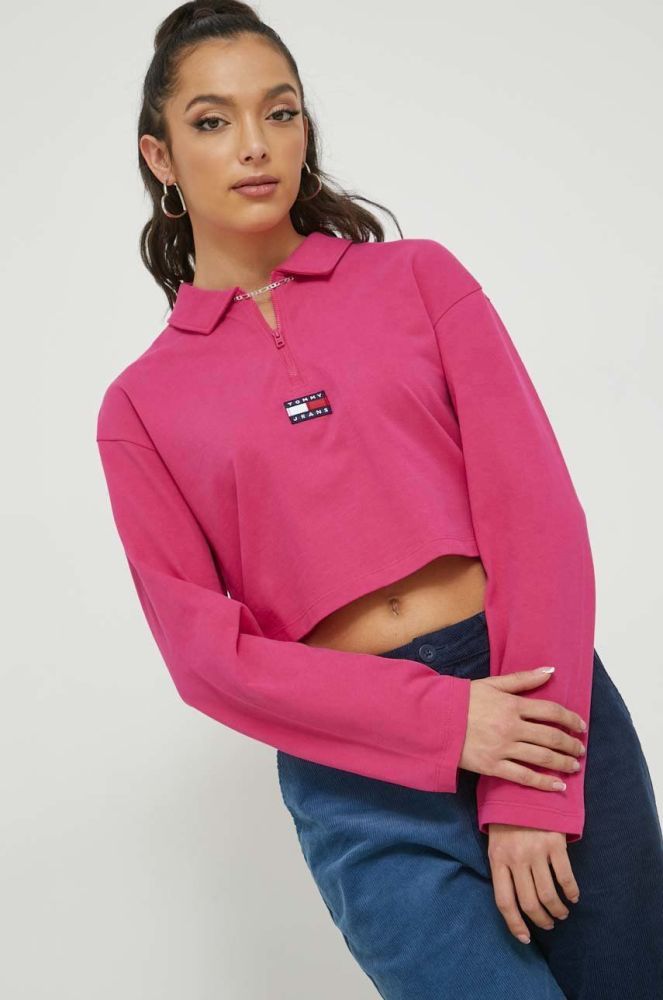 Бавовняний лонгслів Tommy Jeans колір рожевий з коміром