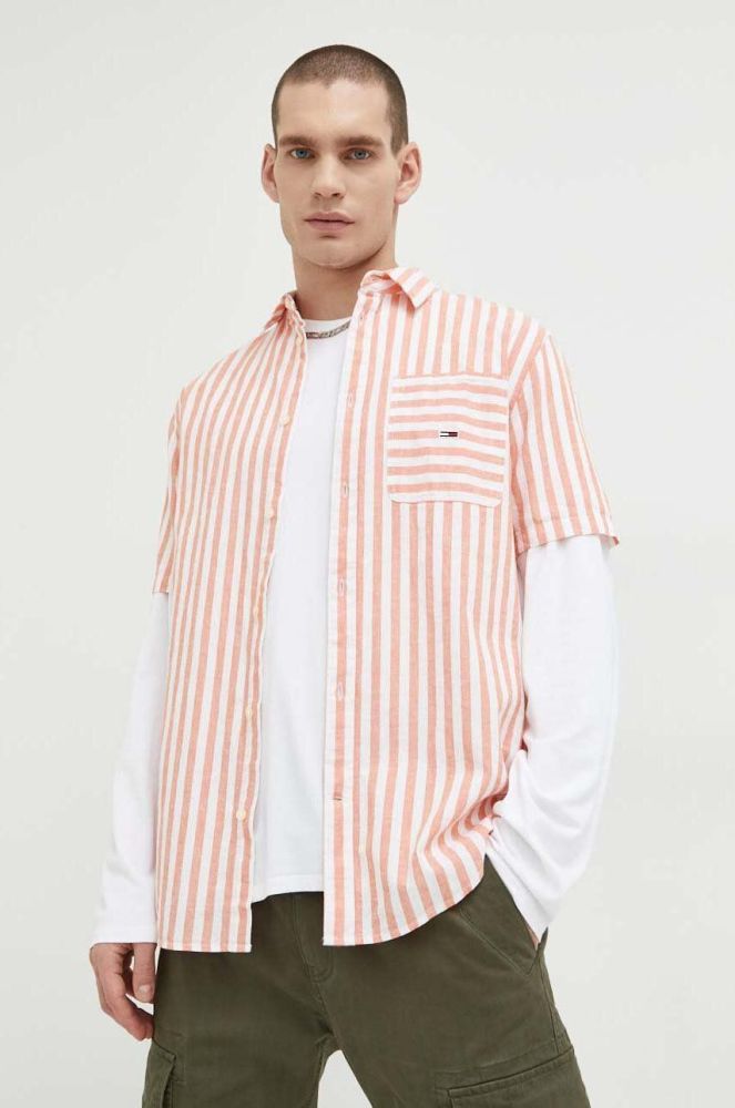Сорочка з домішкою льону Tommy Jeans колір помаранчевий relaxed класичний комір