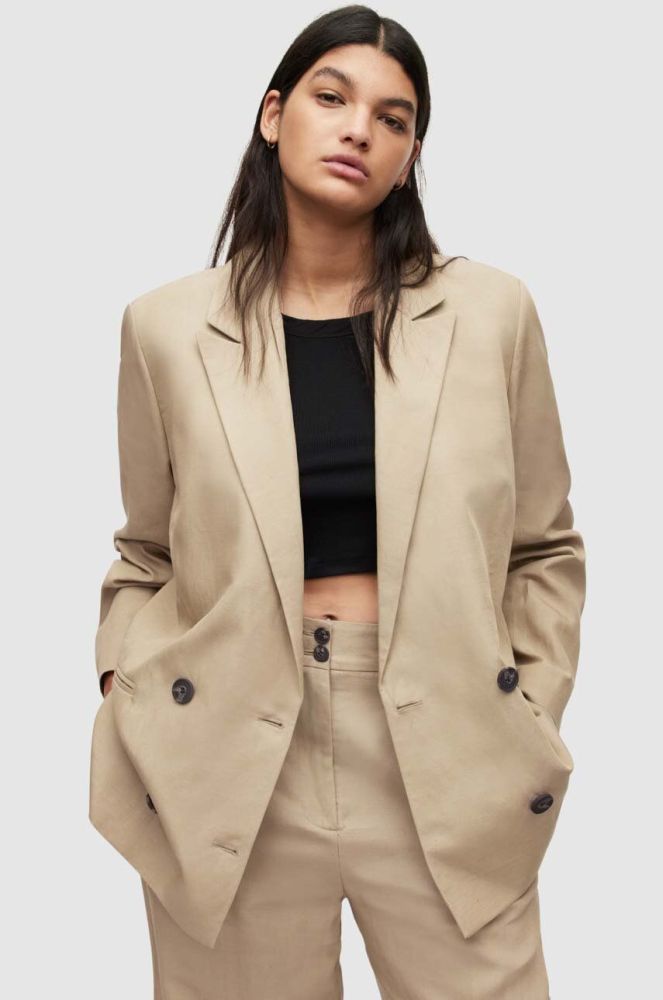 Піджак з домішкою льону AllSaints колір бежевий oversize однотонна