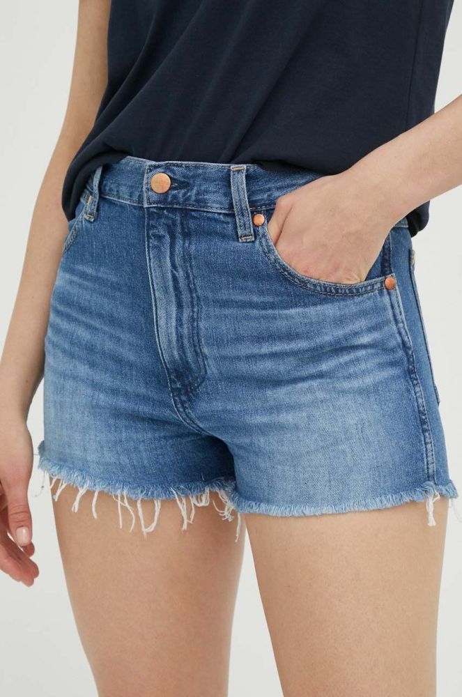Джинсові шорти Wrangler жіночі однотонні висока посадка колір блакитний (3252274)