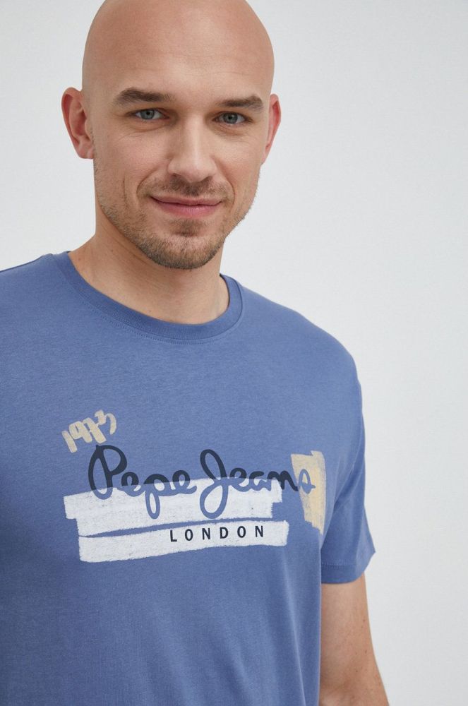 Бавовняна футболка Pepe Jeans Rafa з принтом колір блакитний